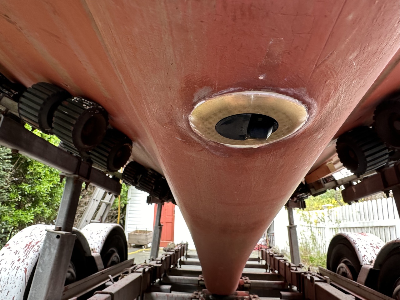 Airmar DST810 transducer installed in the hull bottom of Queen of Hearts, viewed from below