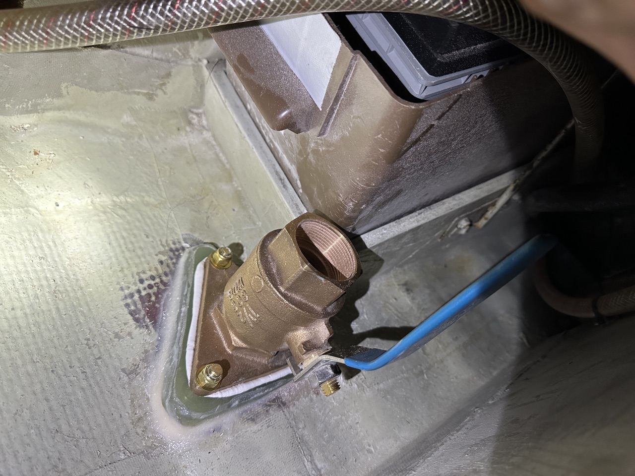 New Groco bronze waste discharge thruhull installed for the holding tank gravity drain