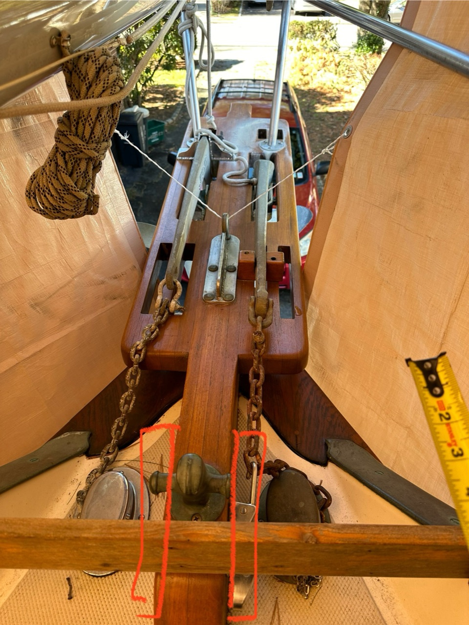 Top-down view of the bowsprit with red boxes drawn to mark the windlass mounting footprint