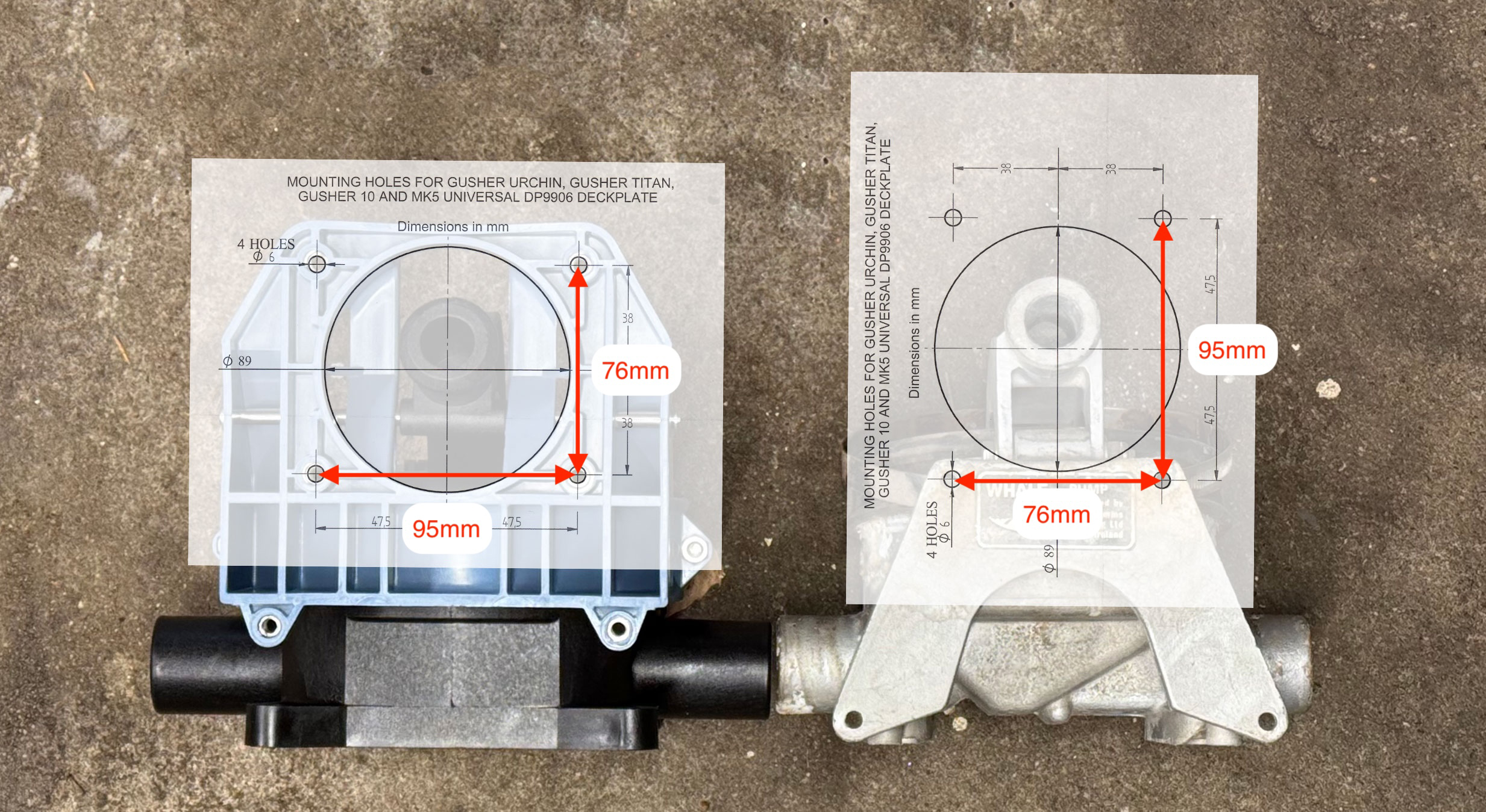 Diagram comparing the differing deck cover bolt patterns of Gusher 10 and Titan
