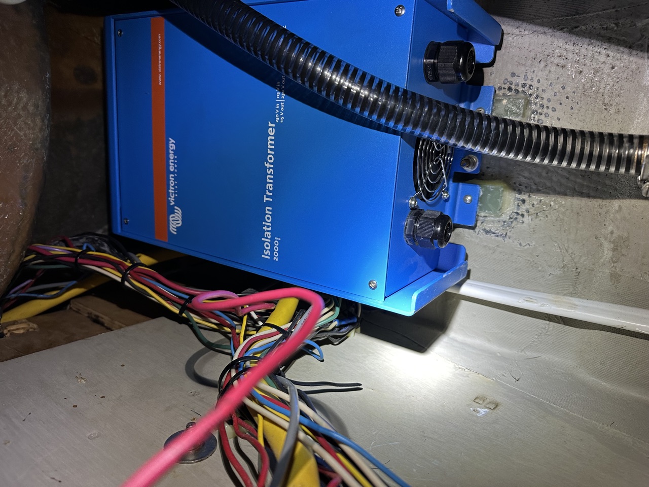 Victron Energy 2000W Isolation Transformer mounted on the starboard hull of Queen of Hearts, just forward of the aft cabin
