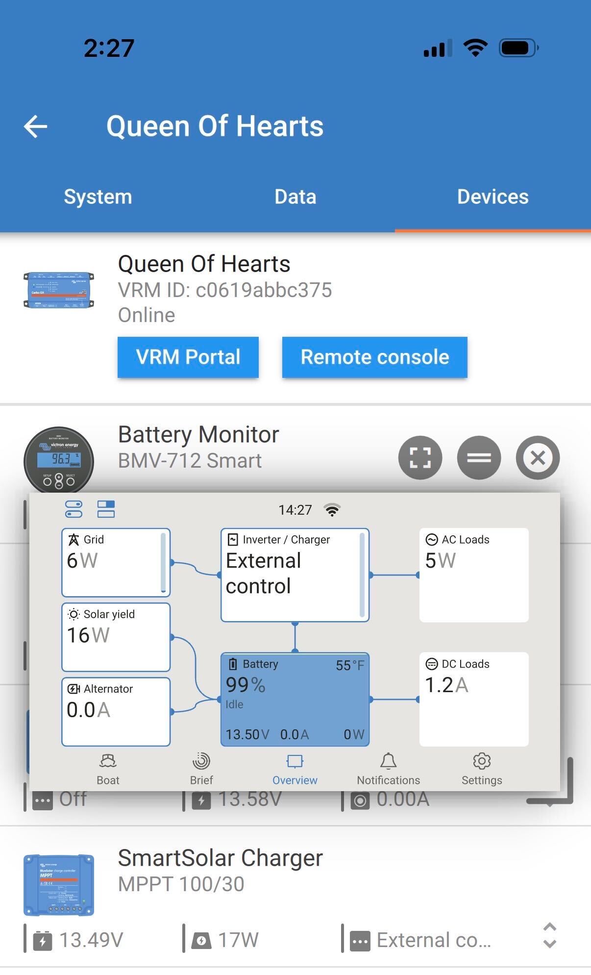 Victron Connect app showing all connected devices